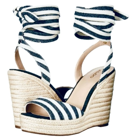👡⚓ ALDO Anilmalia Espadrille Wedge Sandals |‎ Navy White Preppy Stripes Sz 8.5 - Picture 2 of 7